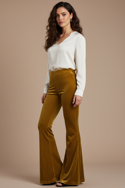 Pantalon Velours Évasé Taille Haute Jaune Moutarde Élégant