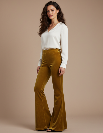 Pantalon Velours Évasé Taille Haute Jaune Moutarde Élégant
