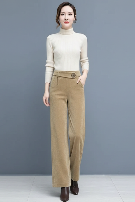 Pantalon Velours Côtelé Ample Taille Haute Femme - Camel Cordé