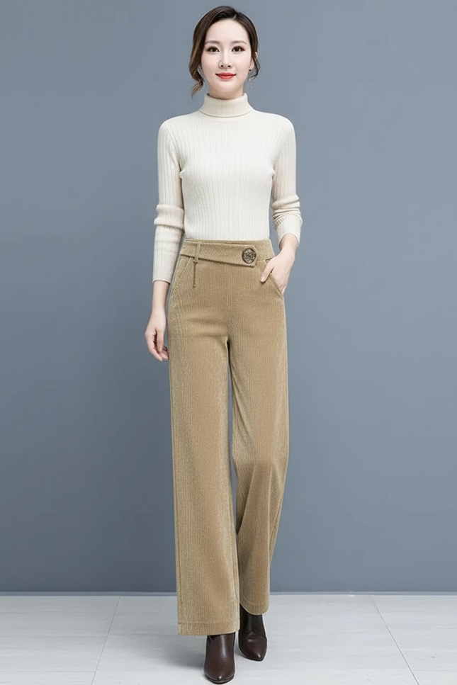 Pantalon Velours Côtelé Ample Taille Haute Femme - Camel Cordé