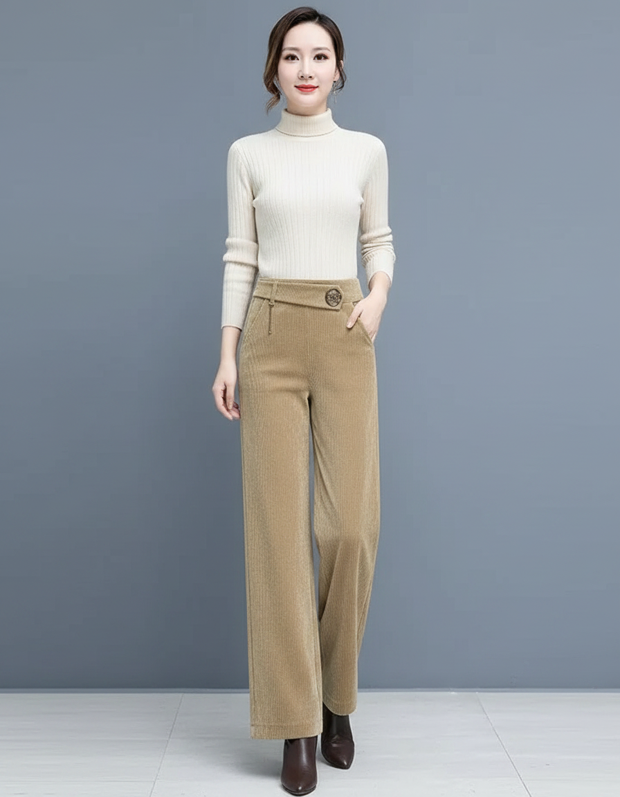 Pantalon Velours Côtelé Ample Taille Haute Femme - Camel Cordé