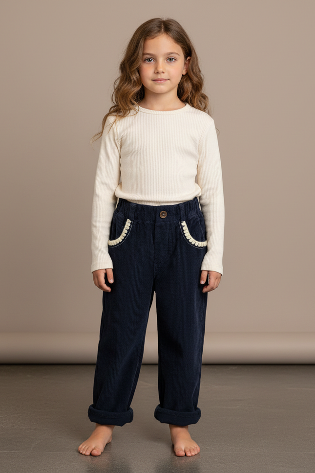 Pantalon Velours Côtelé Bleu Marine Ample Fille Hiver - Cordé