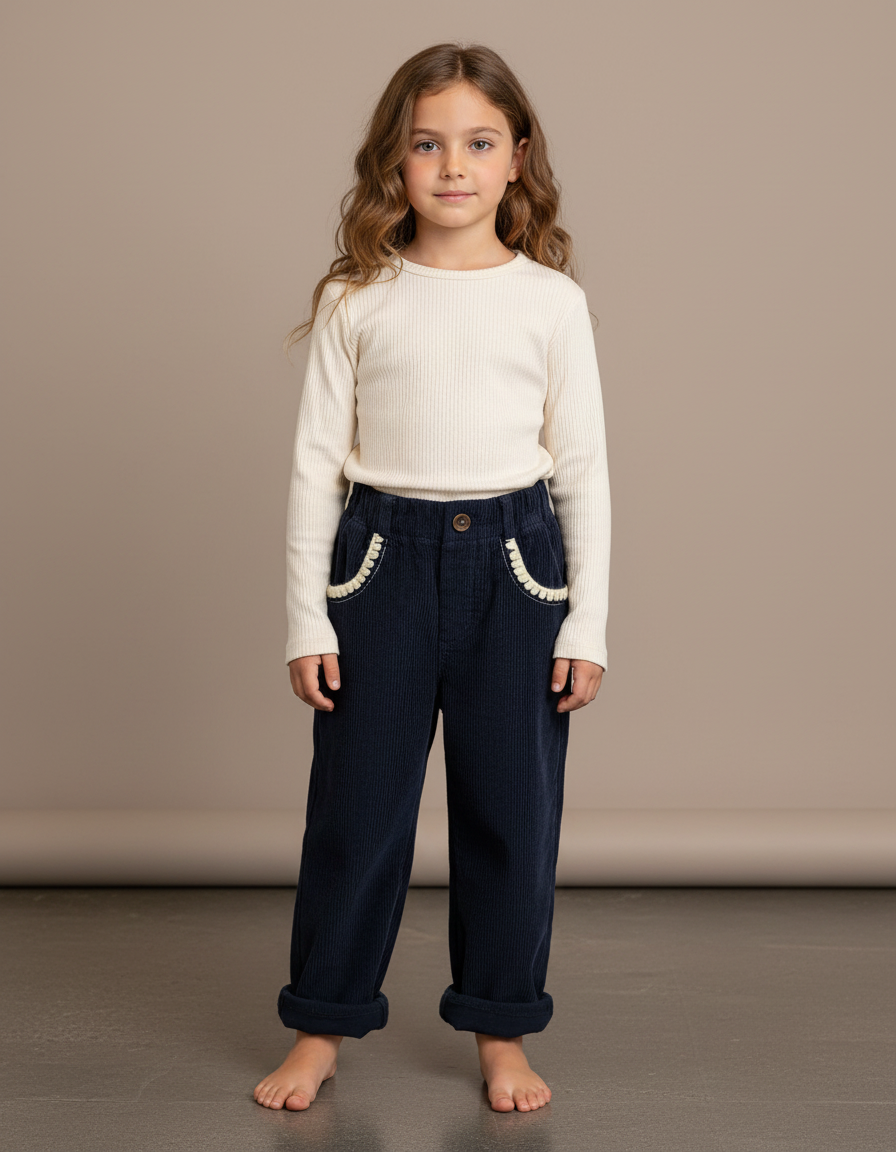 Pantalon Velours Côtelé Bleu Marine Ample Fille Hiver - Cordé