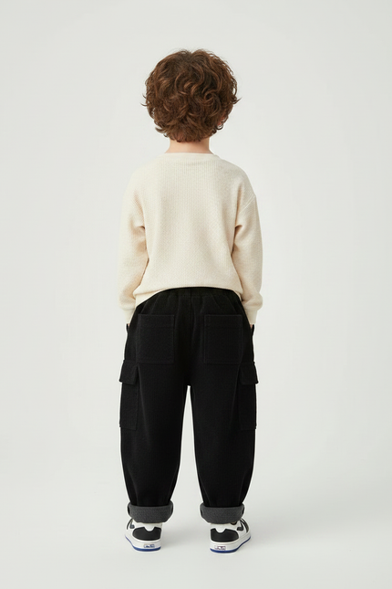 Pantalon Velours Côtelé Noir Ample Enfant Épais - vue 2