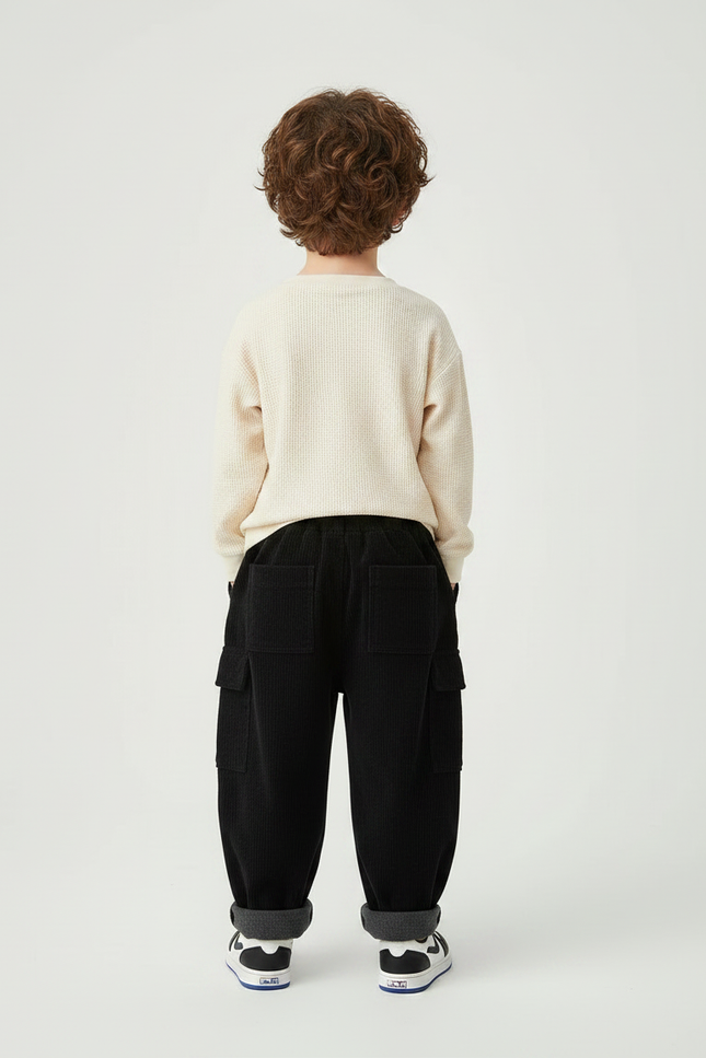 Pantalon Velours Côtelé Noir Ample Enfant Épais - vue 2