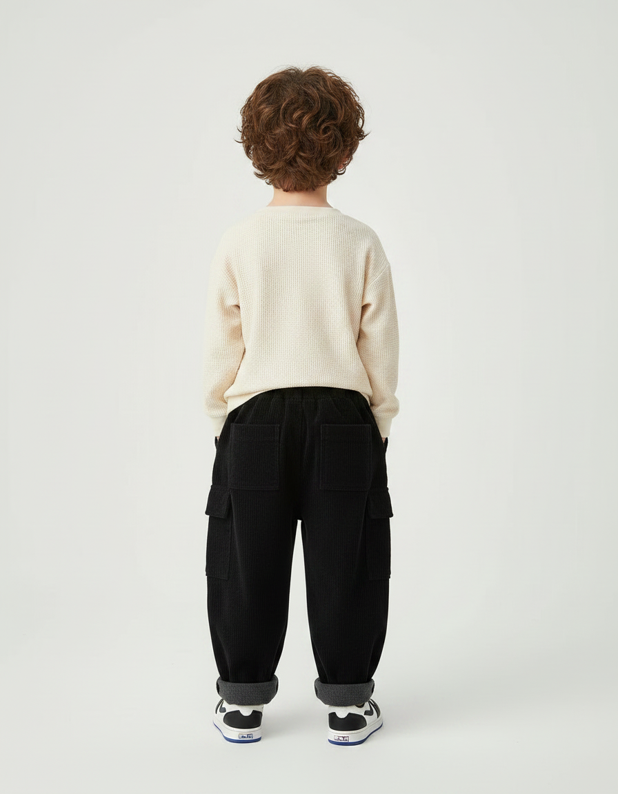 Pantalon Velours Côtelé Noir Ample Enfant Épais - vue 2