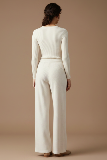 Pantalon Velours Crème Côtelé Ample Décontracté Fluide - Beige Maille - vue 2
