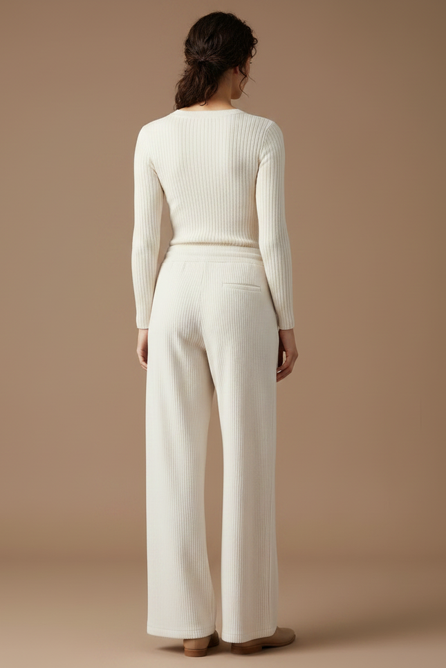 Pantalon Velours Crème Côtelé Ample Décontracté Fluide - Beige Maille - vue 2
