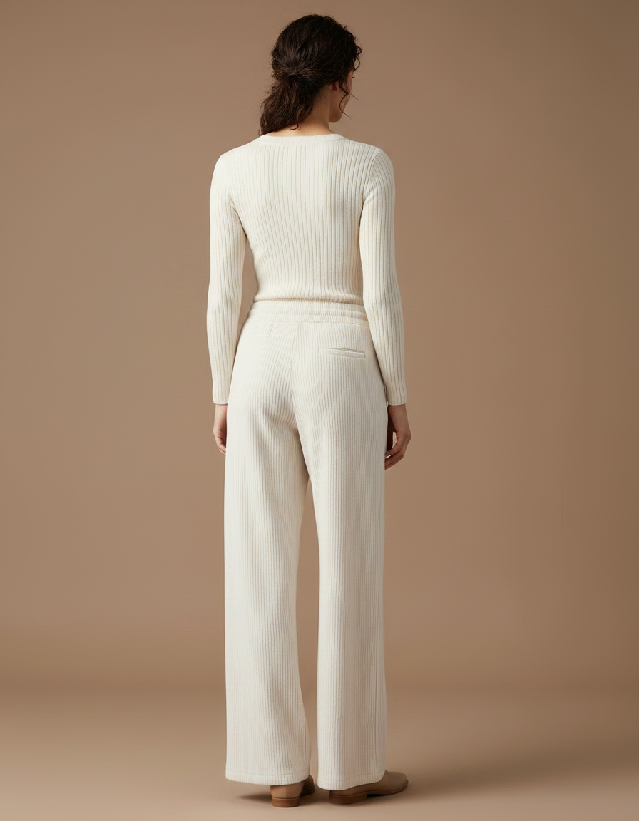 Pantalon Velours Crème Côtelé Ample Décontracté Fluide - Beige Maille - vue 2