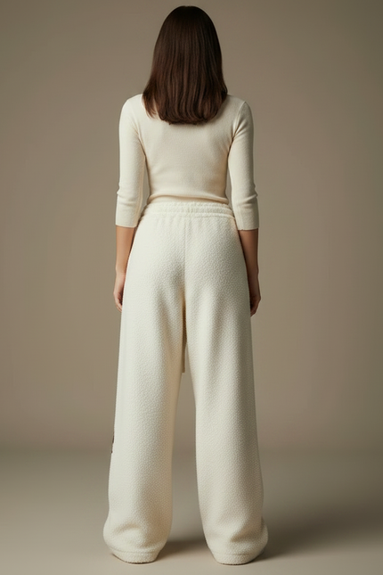 Pantalon Velours Écru Ample Brodé Décontracté Femme - Beige - vue 2