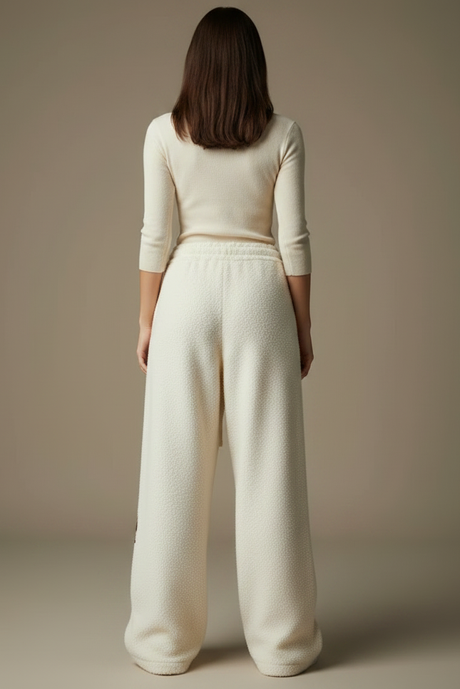 Pantalon Velours Écru Ample Brodé Décontracté Femme - Beige - vue 2
