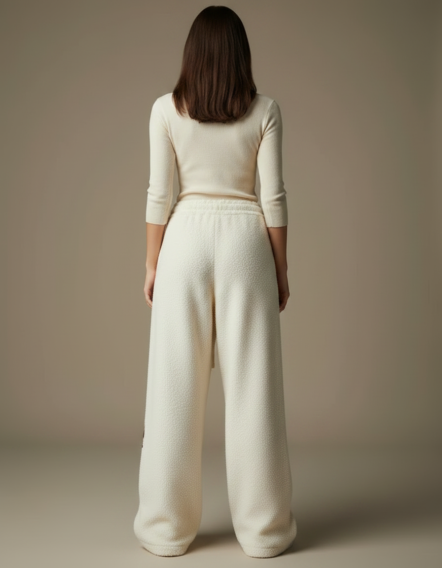 Pantalon Velours Écru Ample Brodé Décontracté Femme - Beige - vue 2