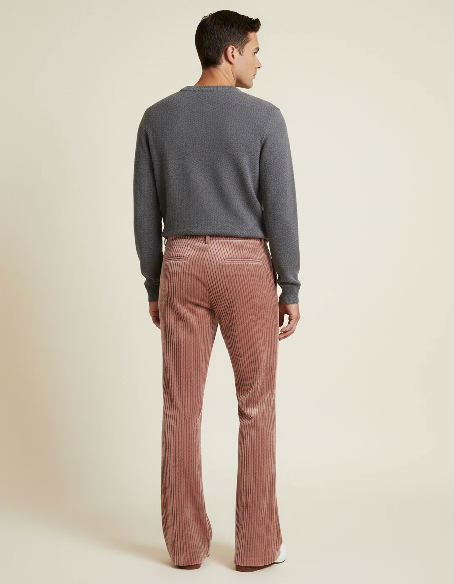 Pantalon Velours Rose Côtelé Évasé Large Élégant Femme - Cordé - vue 2