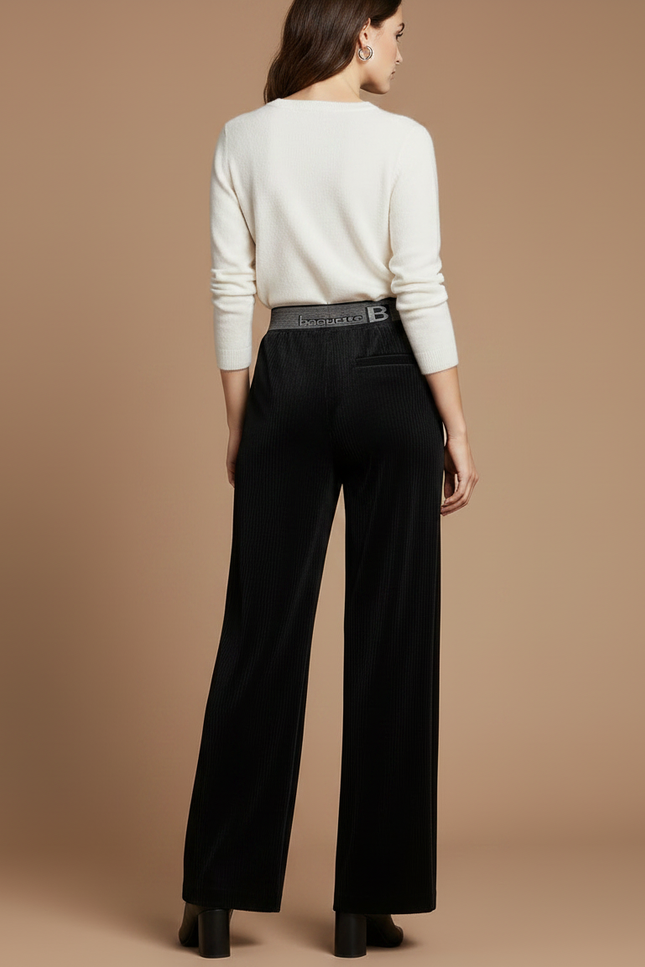 Pantalon Velours Noir Côtelé Large Taille Haute Femme - Cordé - vue 2