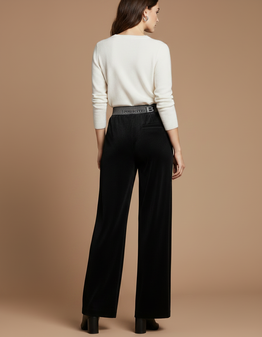 Pantalon Velours Noir Côtelé Large Taille Haute Femme - Cordé - vue 2