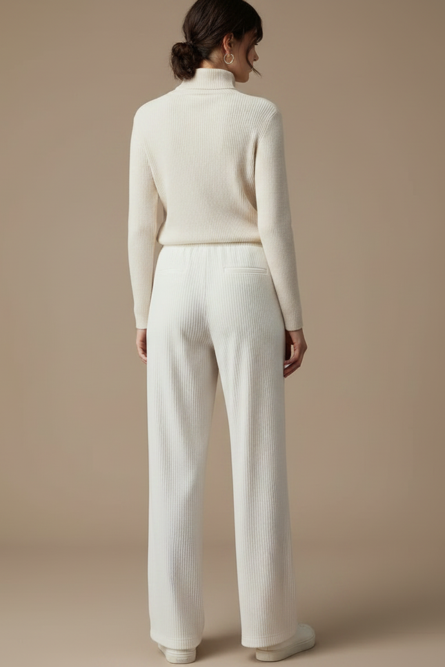Pantalon Velours Côtelé Écru Large Décontracté Femme - Blanc Cordé - vue 2
