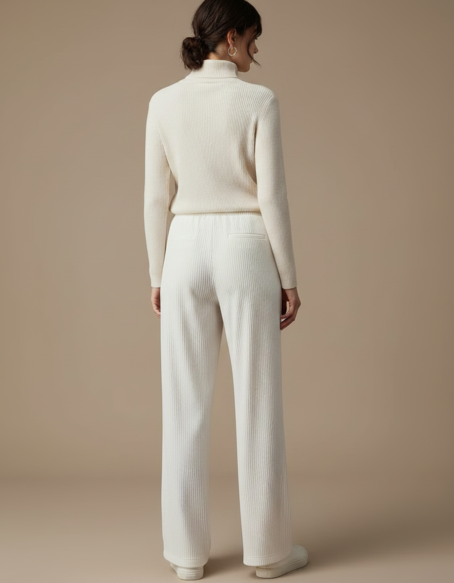Pantalon Velours Côtelé Écru Large Décontracté Femme - Blanc Cordé - vue 2