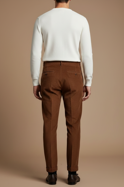 Pantalon Velours Marron Côtelé Plissé Homme Élégant - vue 2