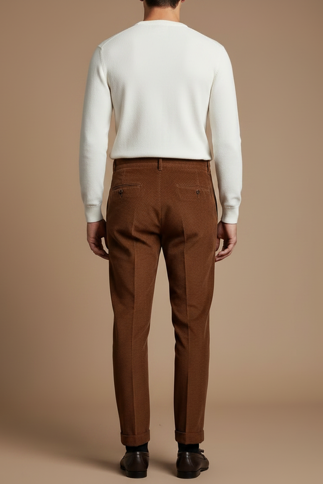 Pantalon Velours Marron Côtelé Plissé Homme Élégant - vue 2