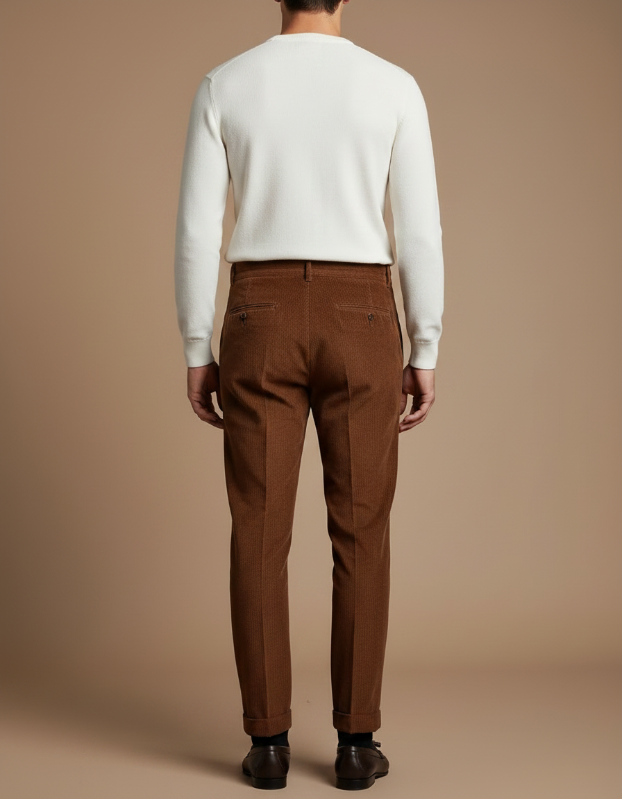 Pantalon Velours Marron Côtelé Plissé Homme Élégant - vue 2
