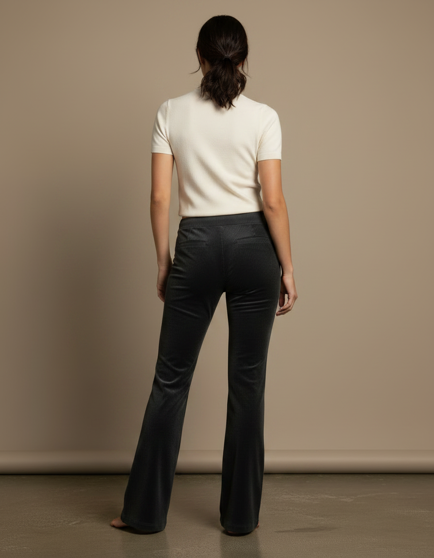 Pantalon Velours Côtelé Gris Étoile Évasé Femme - Cordé - vue 2