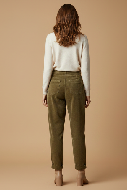 Pantalon Velours Vert Côtelé Droit Décontracté Femme - Kaki Cordé - vue 2