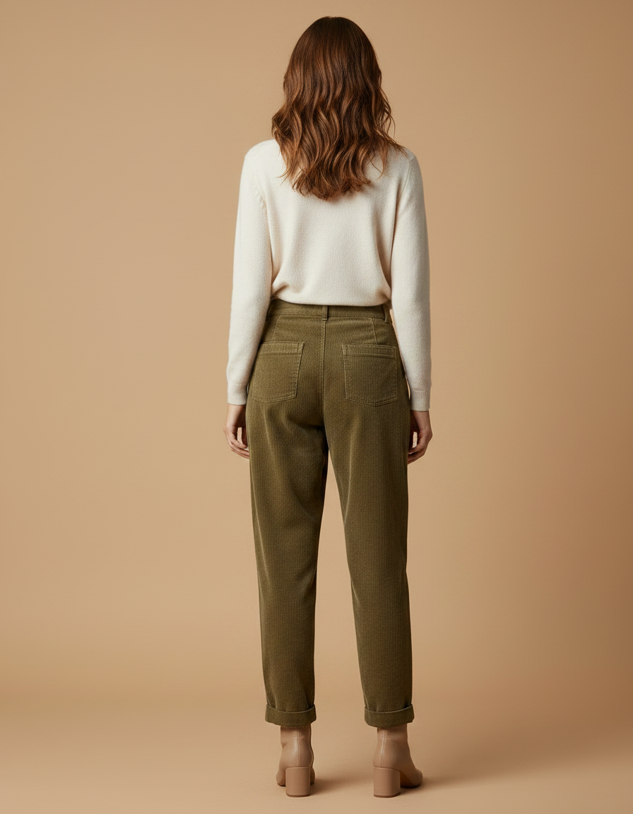 Pantalon Velours Vert Côtelé Droit Décontracté Femme - Kaki Cordé - vue 2
