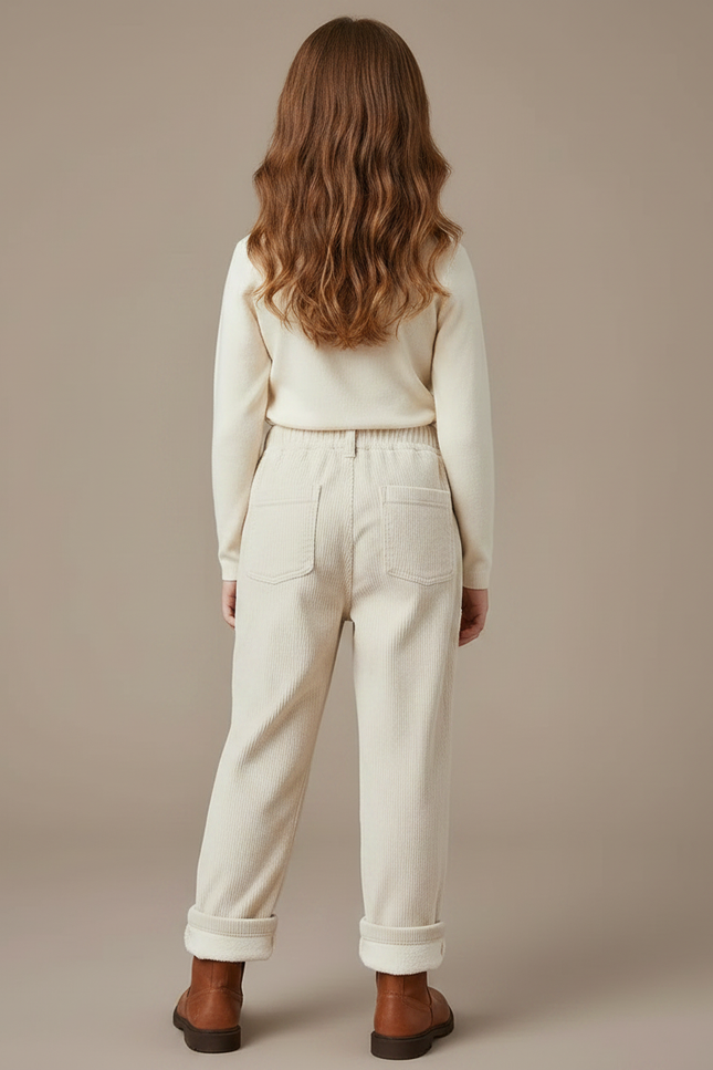 Pantalon Velours Côtelé Enfant Doublé Polaire Écru - Beige Cordé - vue 2