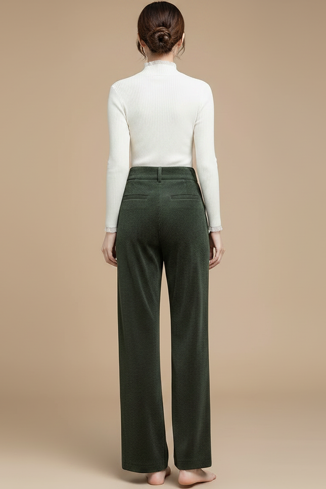 Pantalon Velours Côtelé Vert Ample Taille Haute Femme - Cordé - vue 2