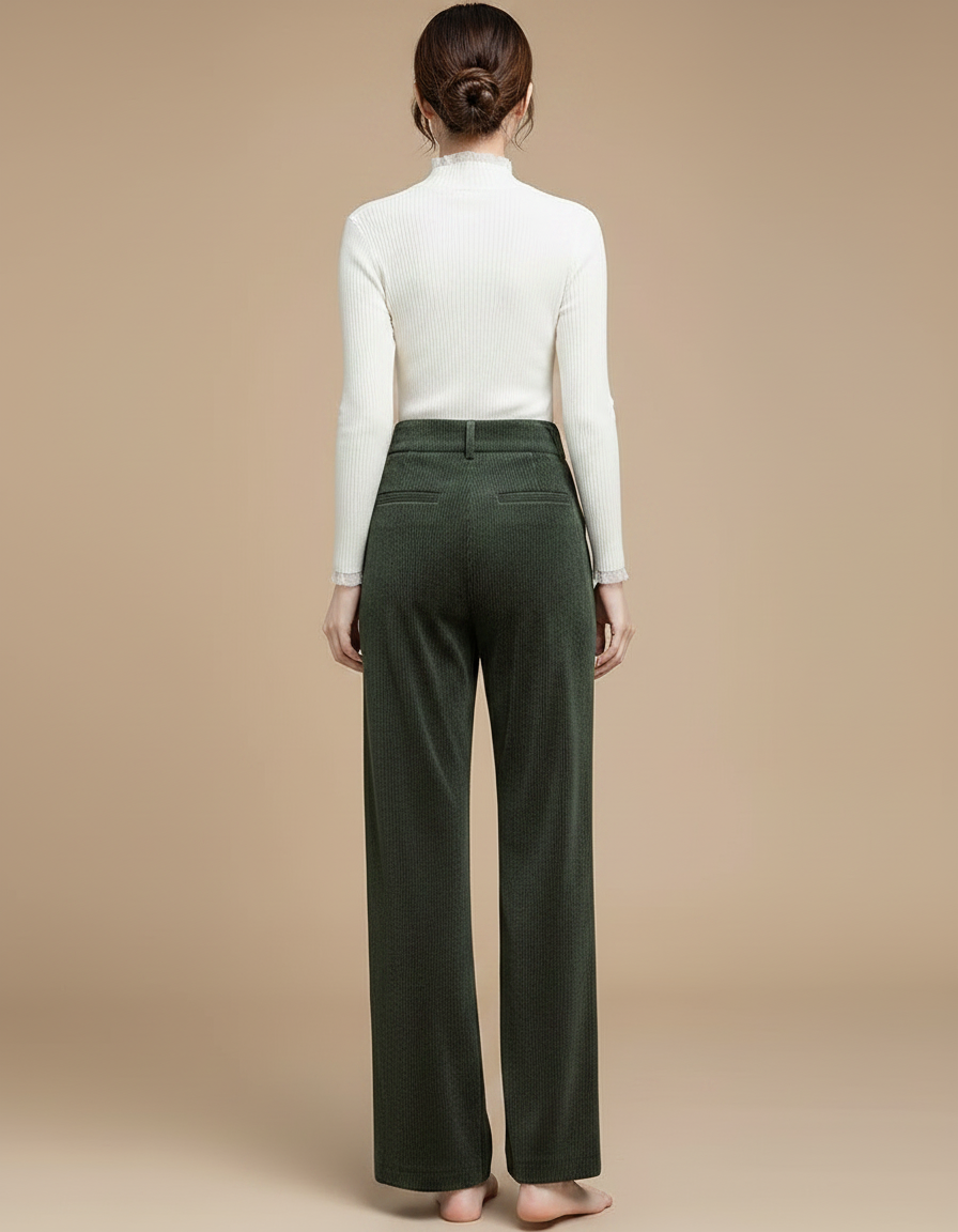 Pantalon Velours Côtelé Vert Ample Taille Haute Femme - Cordé - vue 2