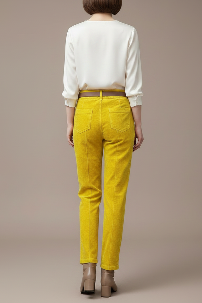 Pantalon Velours Jaune Côtelé Droit Taille Haute - vue 2