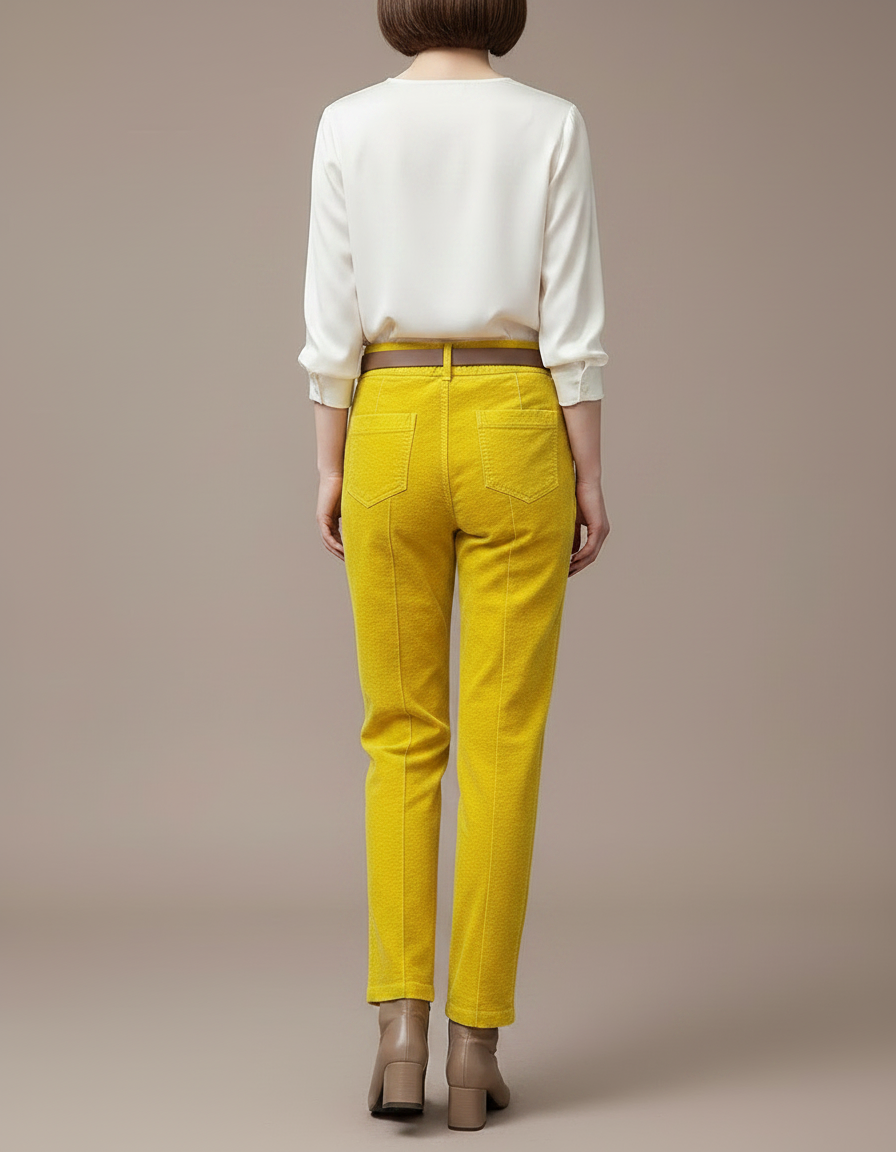 Pantalon Velours Jaune Côtelé Droit Taille Haute - vue 2