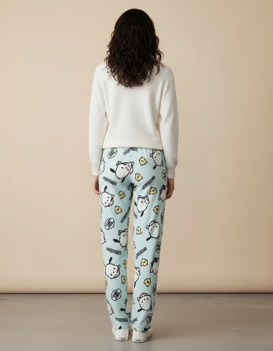 Pantalon Velours Bleu Imprimé Kawaii Ample Doux - vue 2