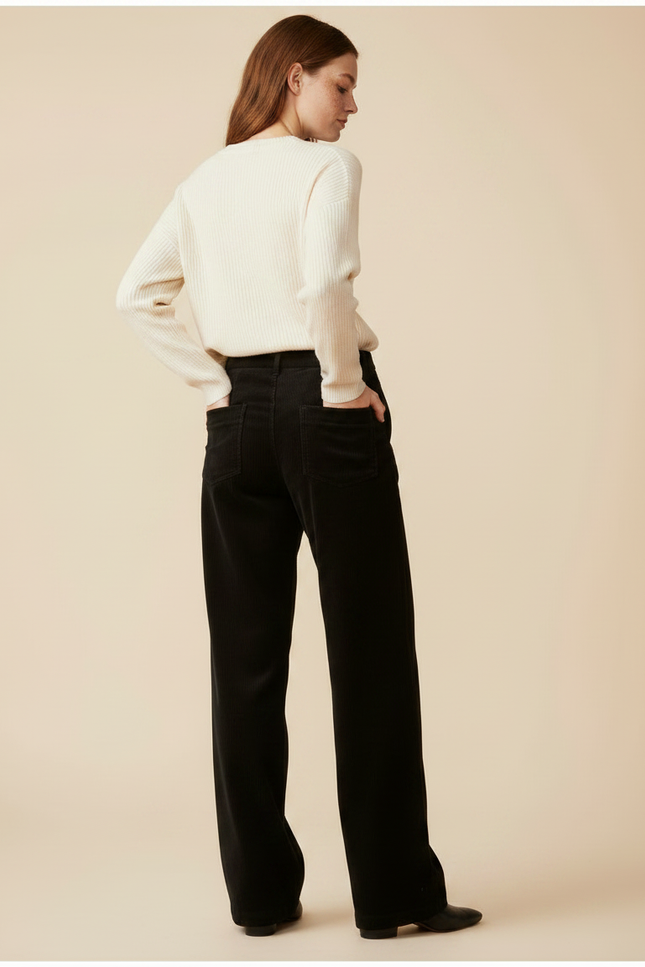 Pantalon Velours Noir Côtelé Large Décontracté Femme - vue 2