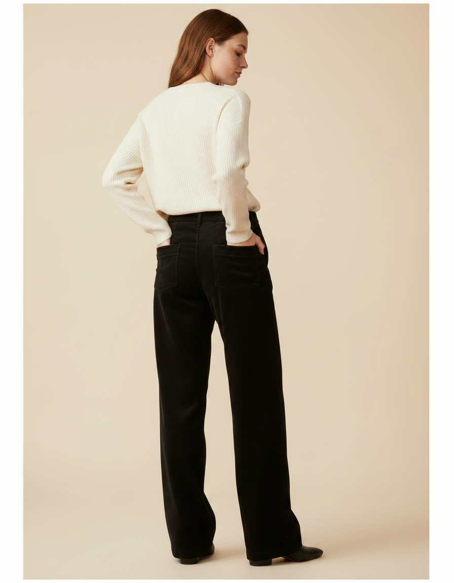 Pantalon Velours Noir Côtelé Large Décontracté Femme - vue 2