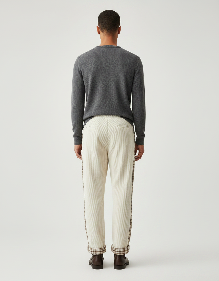 Pantalon Velours Côtelé Écru Plaid Décontracté Homme - Beige Cordé - vue 2