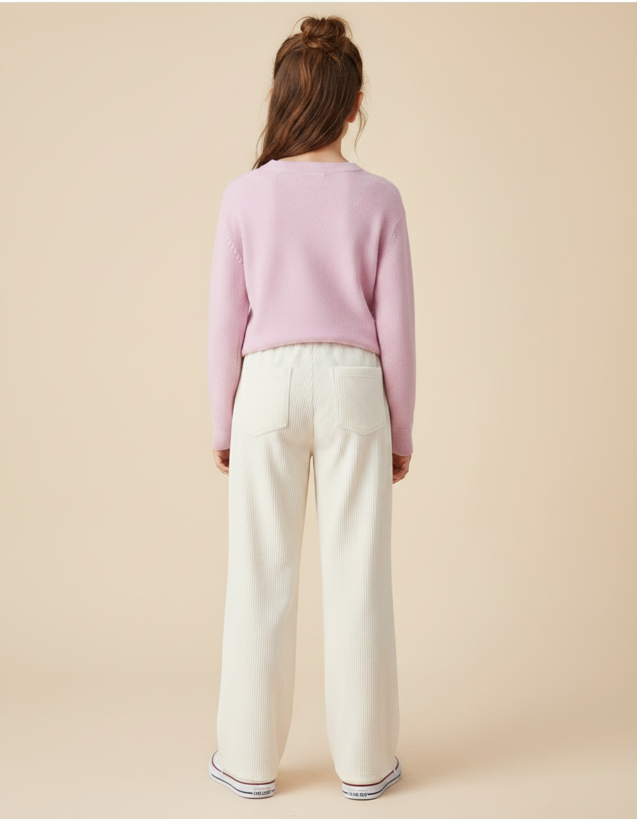 Pantalon Velours Écru Côtelé Ample Cœur Fille - Beige - vue 2