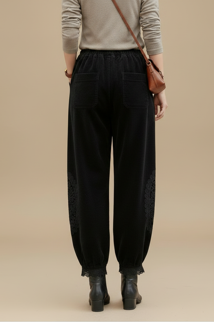Pantalon Velours Noir Côtelé Brodé Ample Femme - Cordé - vue 2
