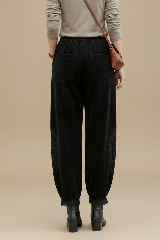 Pantalon Velours Noir Côtelé Brodé Ample Femme - Cordé - vue 2