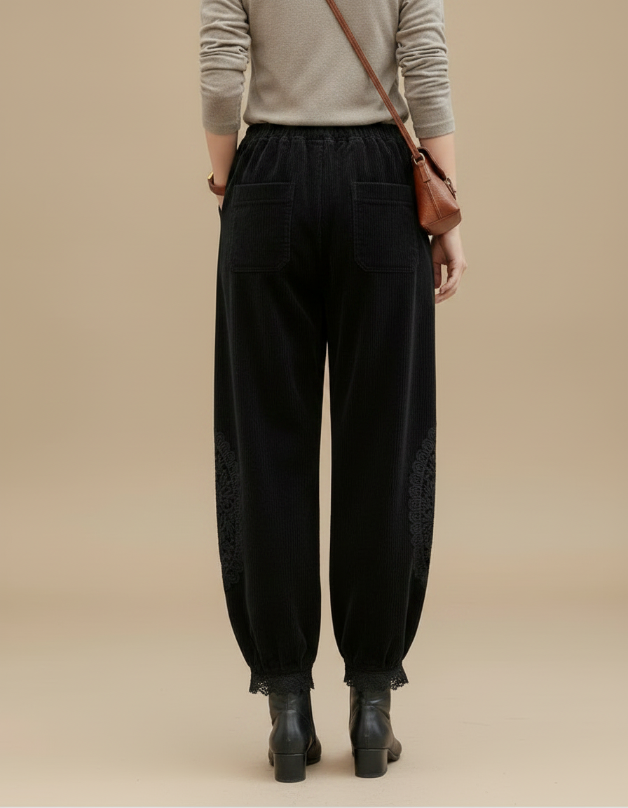 Pantalon Velours Noir Côtelé Brodé Ample Femme - Cordé - vue 2