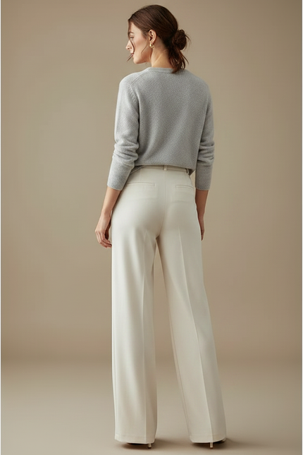 Pantalon Velours Crème Ample Taille Haute Fluide - Beige - vue 2