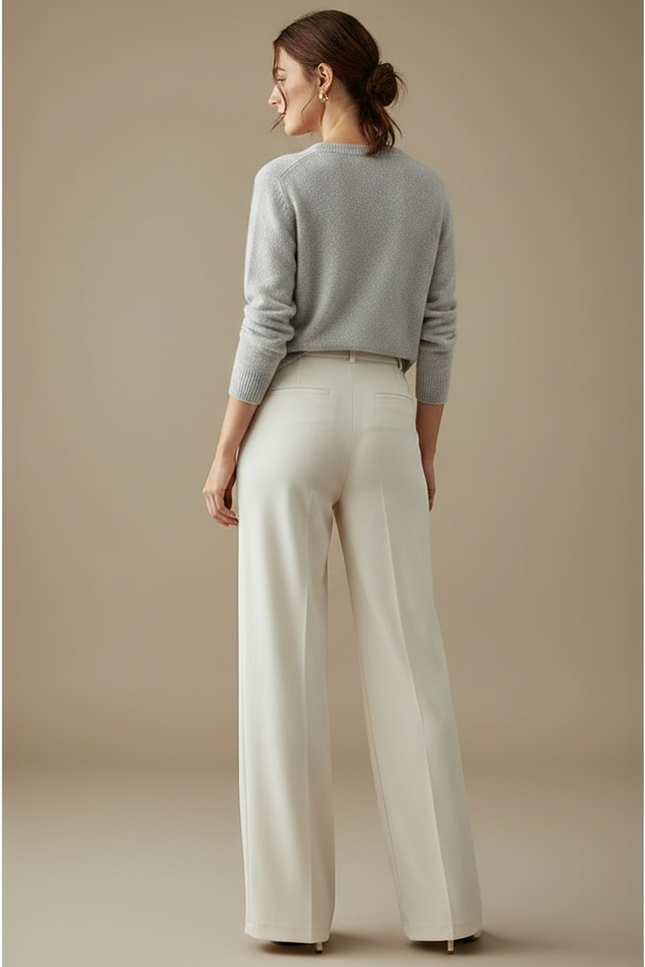 Pantalon Velours Crème Ample Taille Haute Fluide - Beige - vue 2