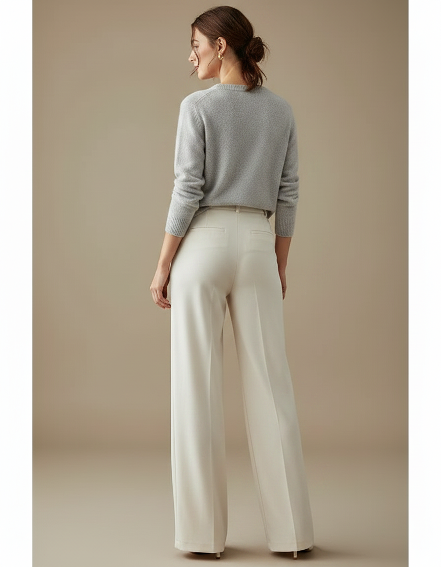 Pantalon Velours Crème Ample Taille Haute Fluide - Beige - vue 2