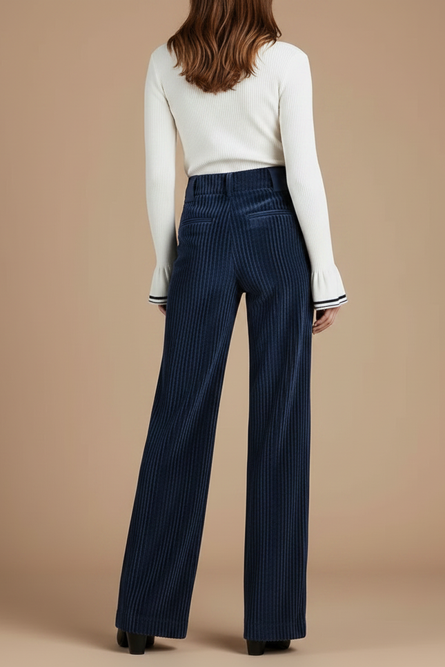 Pantalon Velours Côtelé Bleu Marine Large Femme - Cordé - vue 2