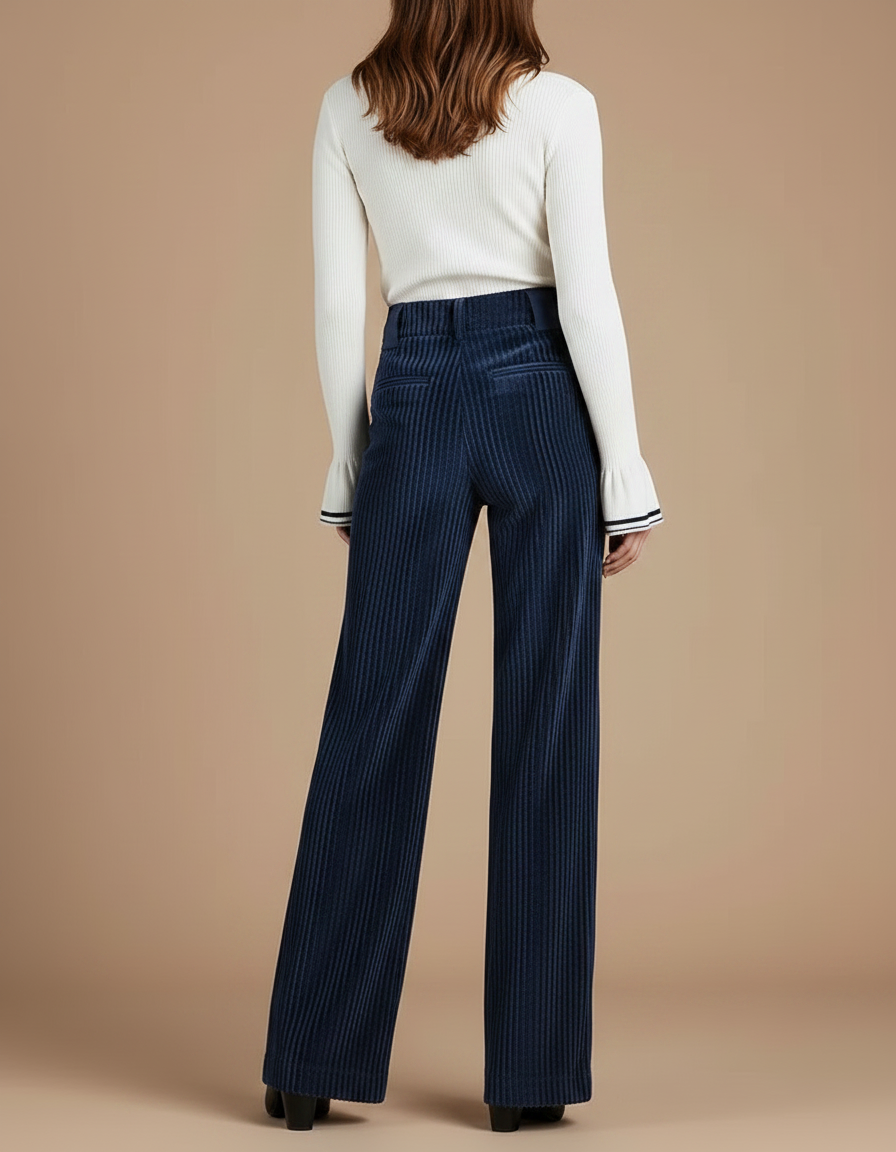 Pantalon Velours Côtelé Bleu Marine Large Femme - Cordé - vue 2