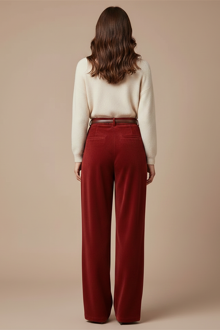 Pantalon Velours Rouge Ample Fluide Taille Haute - Bordeaux - vue 2