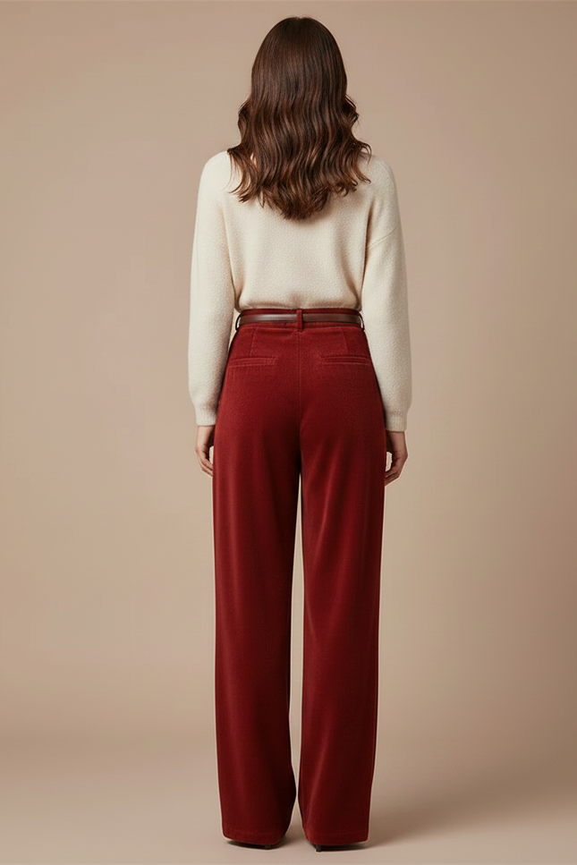 Pantalon Velours Rouge Ample Fluide Taille Haute - Bordeaux - vue 2