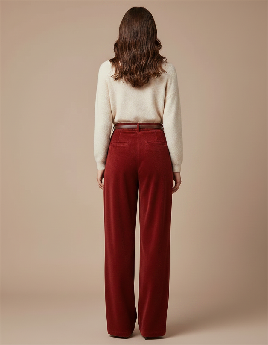 Pantalon Velours Rouge Ample Fluide Taille Haute - Bordeaux - vue 2