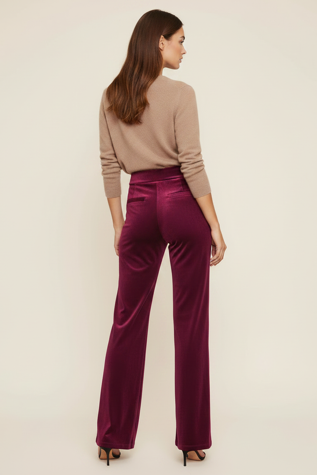 Pantalon Velours Bordeaux Fluide Large Taille Haute Femme - vue 2