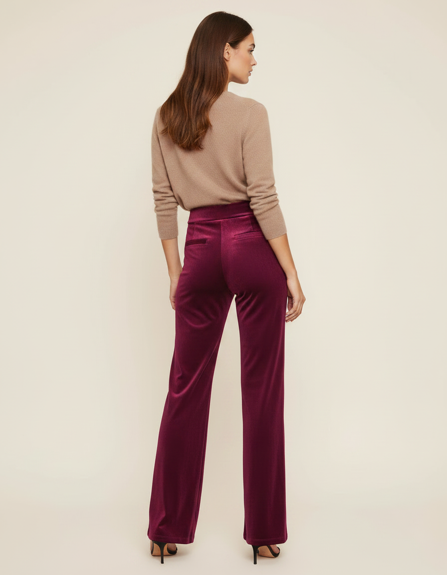 Pantalon Velours Bordeaux Fluide Large Taille Haute Femme - vue 2